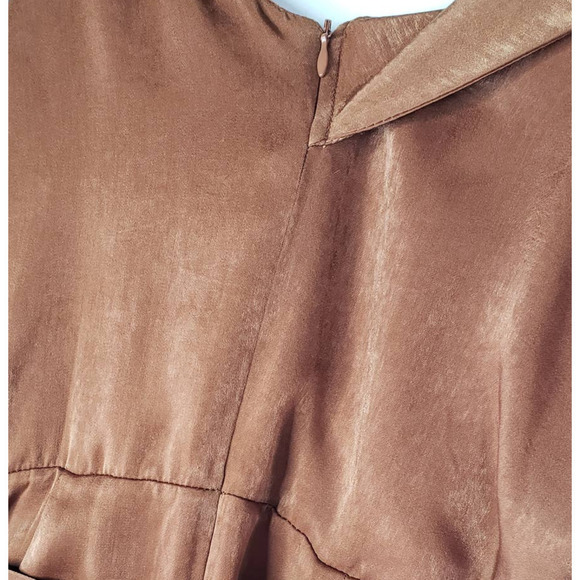 J.O.A. Anouk Satin Draped Shoulder Midi Dress S Side Slit Strappy Cocktail Brown - Picture 12 of 12